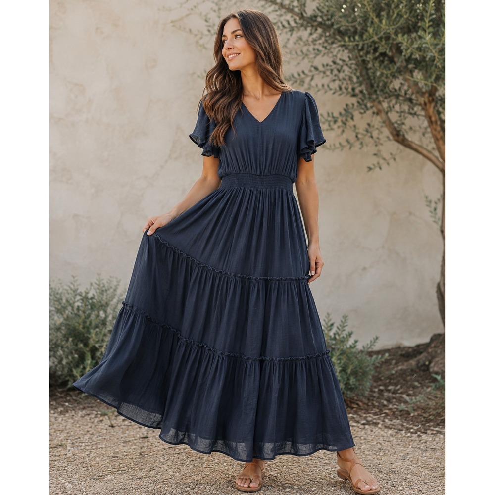 Mikarose Maxi Dress Womens L Navy Smocked Flutter Sleeve Tiered Modest Boho